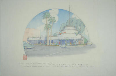 Perspective View of Street Corner, Remodeling for Maharani Shop