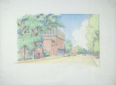 Drawing: Perspective View Showing Warehouse for A. D. German, Masterplan for the City of Richland Center, Wisconsin