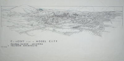 Perspective View (uncolored), Concept for a Model City at Paloma Ranch