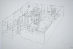 Drawing: Isometric View of Apartment, Housing for Married Students at Taliesin West