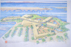 Drawing: Aerial Perspective View, Two Schemes for Harbortown Landing