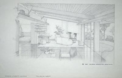 Drawing: Interior Perspective View of Apartment (uncolored version), Housing for Married Students at Taliesin West