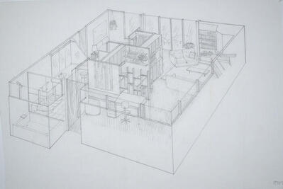Drawing: Isometric View of Apartment, Housing for Married Students at Taliesin West