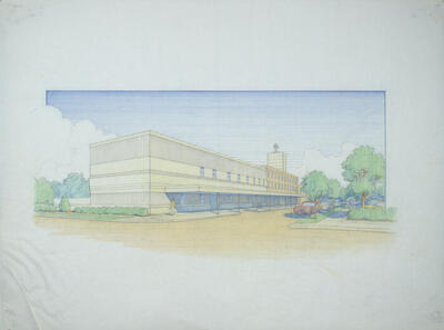 Drawing: Perspective View of Street and Buildings, Masterplan for the City of Richland Center, Wisconsin