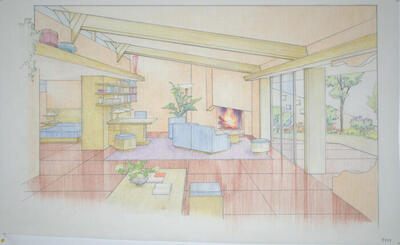 Drawing: Interior Perspective View of Apartment (colored version), Housing for Married Students at Taliesin West
