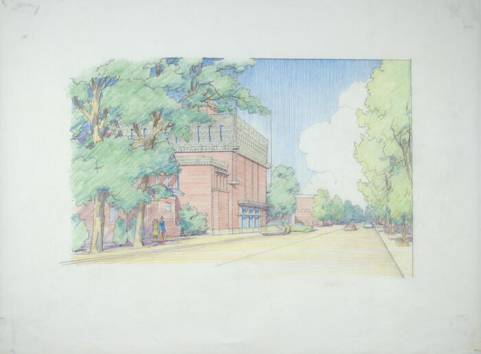 Drawing: Perspective View Showing Warehouse for A. D. German, Masterplan for the City of Richland Center, Wisconsin