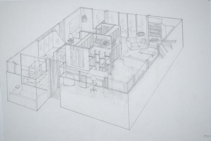 Drawing: Isometric View of Apartment, Housing for Married Students at Taliesin West