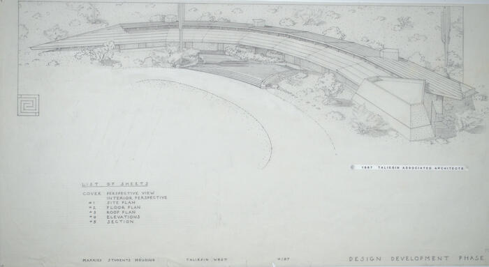 Drawing: Aerial Perspective View, Housing for Married Students at Taliesin West