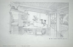 Drawing: Interior Perspective View of Apartment (uncolored version), Housing for Married Students at Taliesin West