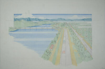 Drawing: Aerial Perspective View of River and Highway, Masterplan for the City of Richland Center, Wisconsin