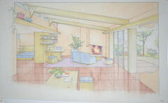 Drawing: Interior Perspective View of Apartment (colored version), Housing for Married Students at Taliesin West