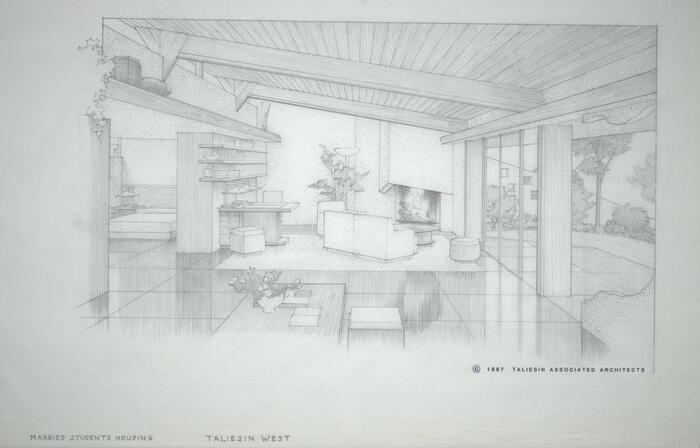 Drawing: Interior Perspective View of Apartment (uncolored version), Housing for Married Students at Taliesin West