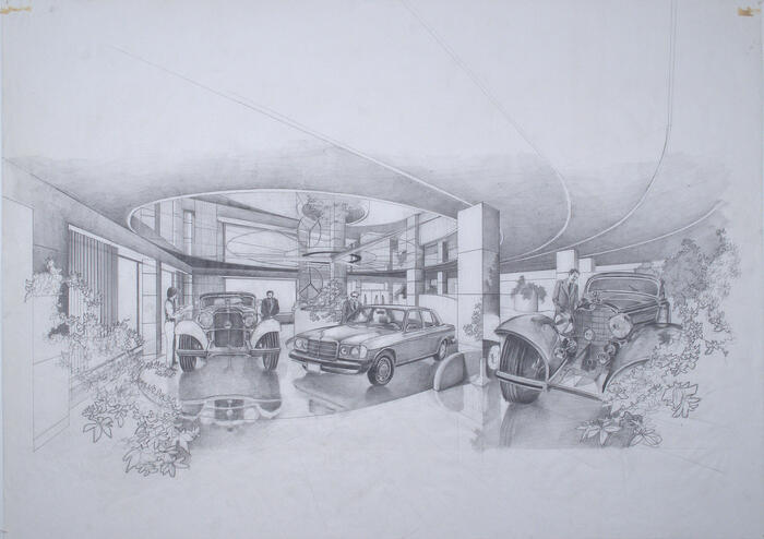 Drawing: Interior Perspective View, Automobile Display Room for Daimler-Benz