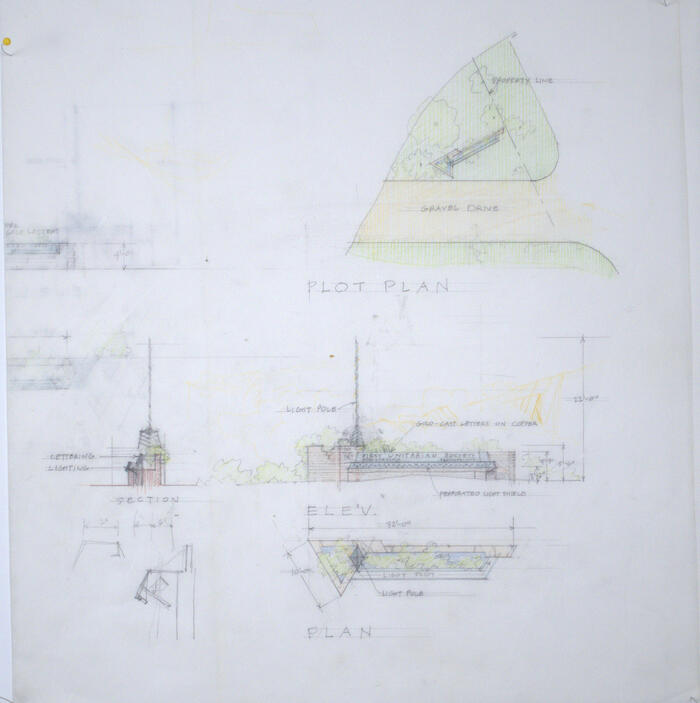 Drawing: Plot Plan, Plan, Elevation, and Section of Entrance Sign, Addition to Unitarian Meeting House