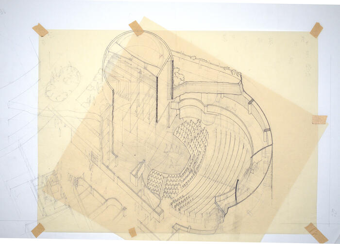 Drawing: Isometric View of Interior, Addition to The New Theater for the Dallas Theater Center