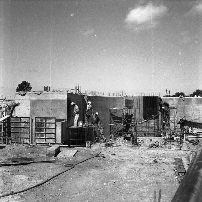 Construction View Showing Concrete Formwork for Walls With Workers, Annunciation Greek Orthodox Church