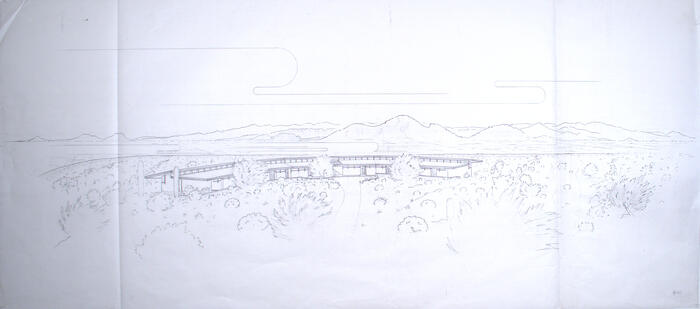 Drawing: Aerial Perspective View, Housing for Married Students at Taliesin West