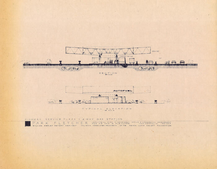 Portfolio, "Works of 1953-1964" (1965): Section and Elevation of Highway Service Plaza, Masterplan for Park Fletcher Industrial Park and Research Center for Sam Fletcher
