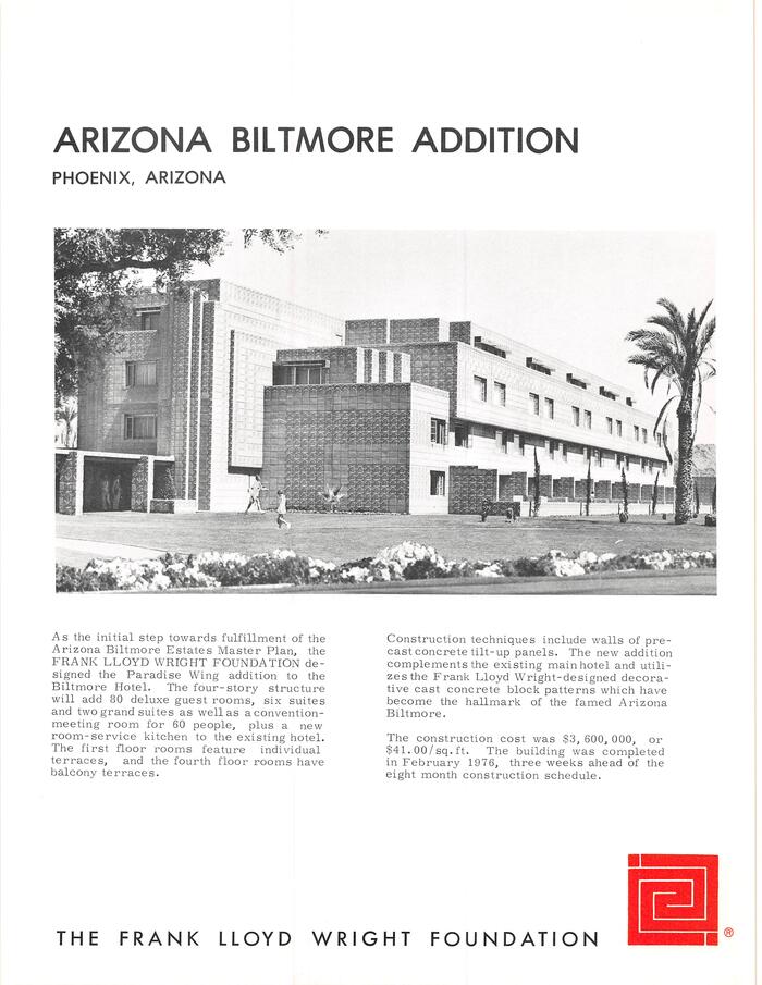 Fact Sheet, Addition to the Arizona Biltmore Hotel, Paradise Wing [Phoenix, Arizona] (undated)