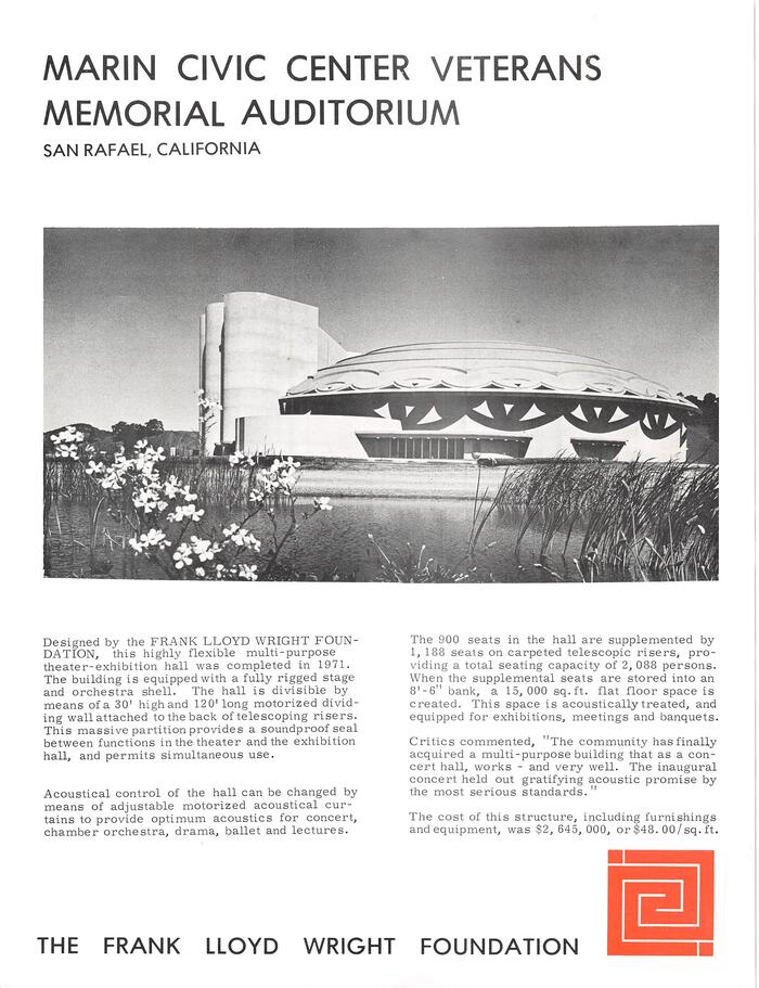 Fact Sheet, Veterans Memorial Auditorium for Marin County Civic Center [San Raphael, California] (undated)