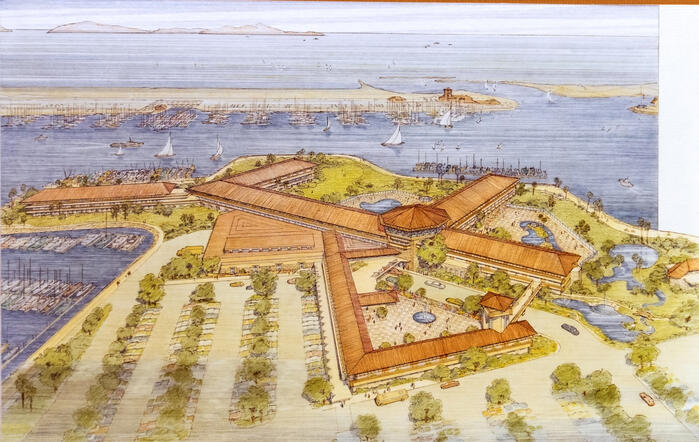 Drawing: Aerial Perspective View, Two Schemes for Harbortown Landing