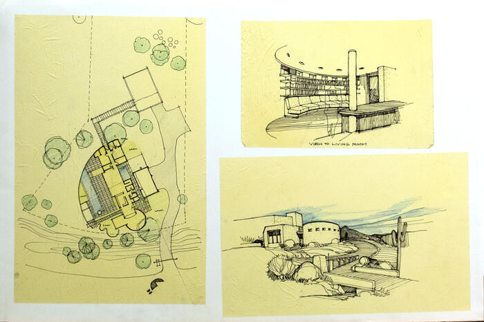 Presentation Board: Floor Plan, Interior Perspective View of Living Room, and Exterior Perspective View, House Concepts for Taliesin Gates Residential Community (1985)