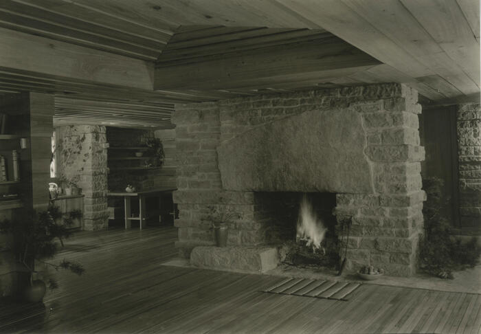 Interior View of Living Room Fireplace, House for John C. Pew [Madison, Wisconsin] (1938)