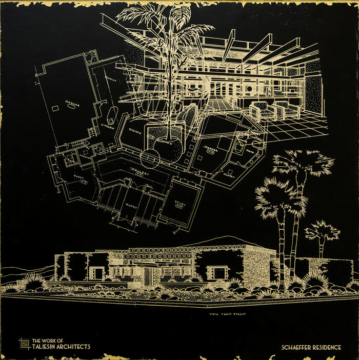 Presentation Board: Floor Plan, Exterior Perspective, and Cutaway View of Living Room, House for Glenn Schaeffer (1994)