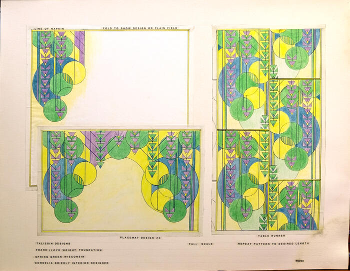 Presentation Board: Design for Napkin, Placement and Table Runner, "Taliesin Designs" (1990)