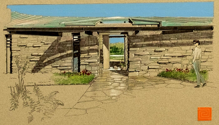 Perspective View of House Entry, House Concepts for Taliesin Gates Residential Community (1985)