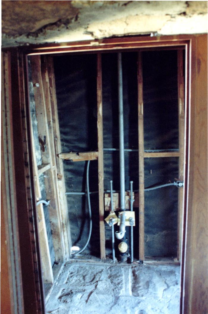 View Showing Wall Framing and Plumbing Installation in Bathroom, Retreat for Eleanor Oboler ("Eleanor's Retreat") 