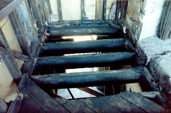 View of Burned Floor Joists,  Retreat for Eleanor Oboler ("Eleanor's Retreat")