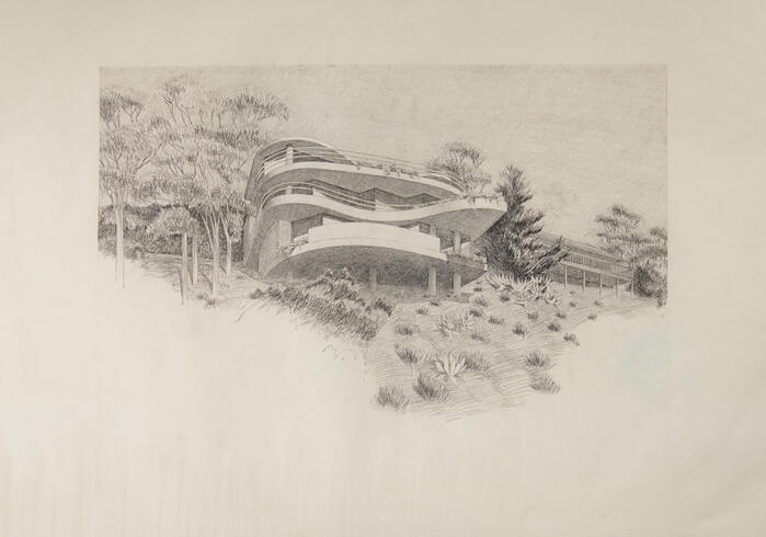 Perspective View Looking Uphill, House for Kenn and Lydia Himes, scheme 2, project (1979)