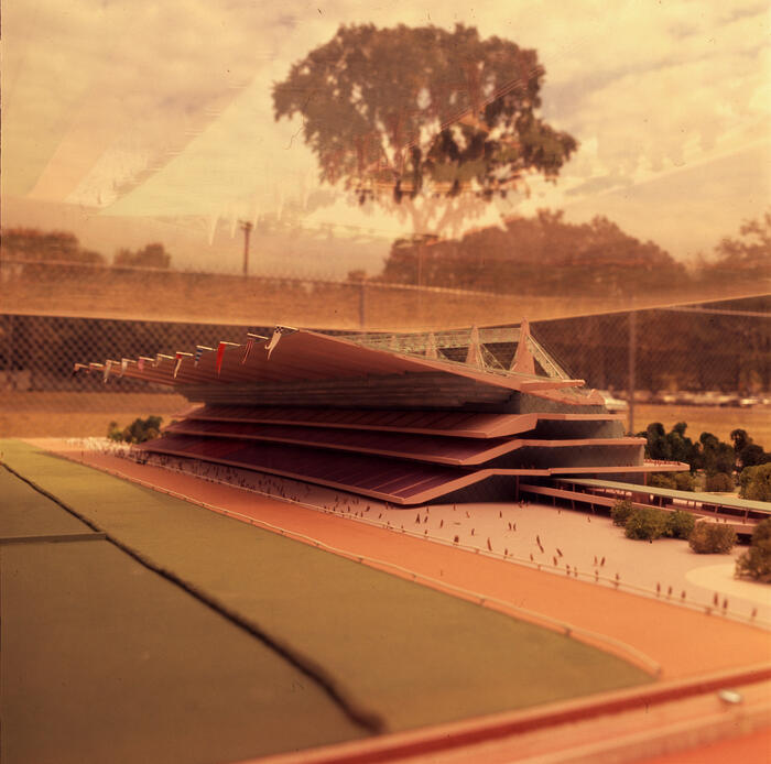 Turf Side Perspective View of Model, Pavilion for Belmont Park Racetrack