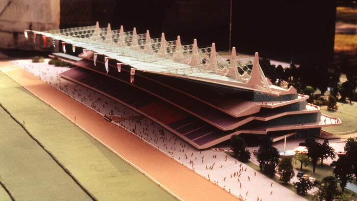 Aerial Perspective View of Model, Pavilion for Belmont Park Racetrack