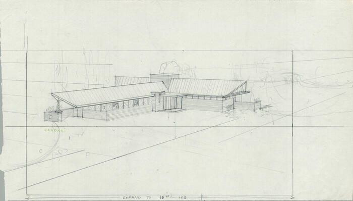 Perspective View: Farm Cottage for Diana Dodge ("Candari") (1958)
