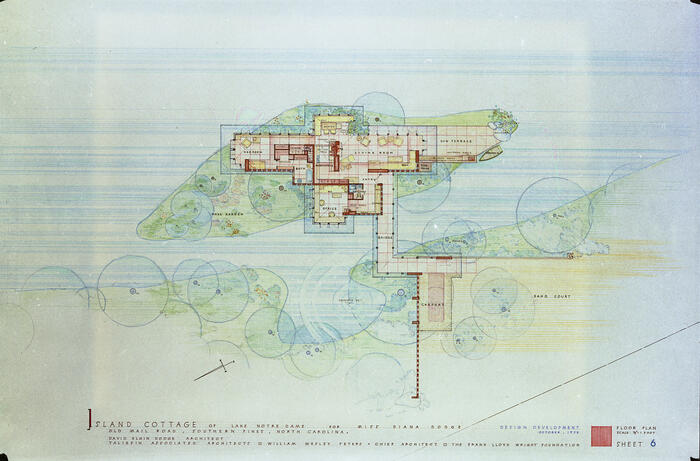Presentation Drawing: Floor Plan of Island Cottage, House and Estate Buildings for Diana Dodge ("Ponds and Pines")