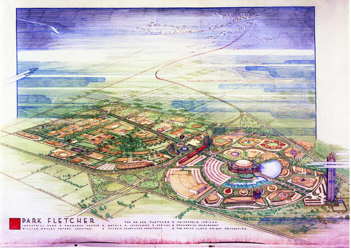 Presentation Drawing: Aerial Perspective View, Masterplan for Park Fletcher Industrial Park and Research Center