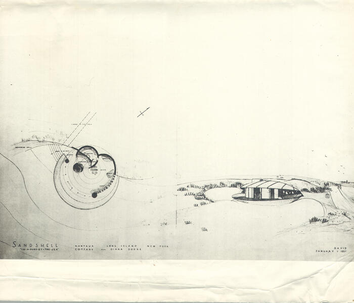Site Plan and Perspective View: Beach Cottage for Diana Dodge ("Seashell") [Montauk, New York] (1957)