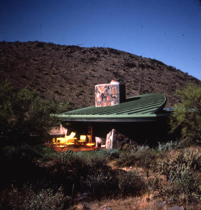 Exterior Perspective View: Cottage for David Elgin and Annaliese Dodge ("Poppyfield1 ") [Scottsdale, Arizona] (1977)