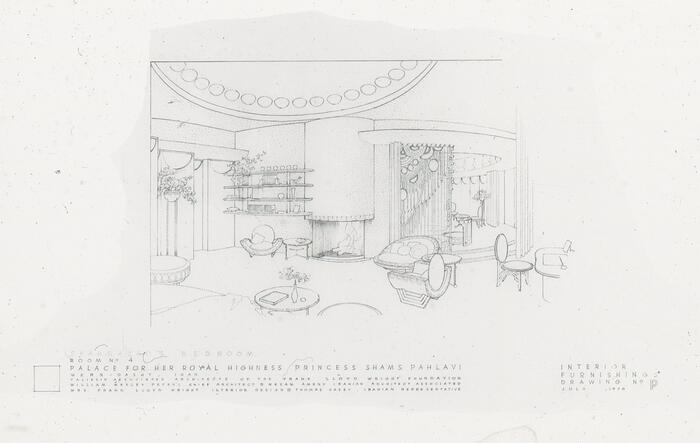 Interior Perspective View of Room 4 showing Furnishings, Palace for Shams Pahlavi ("Pearl Palace")