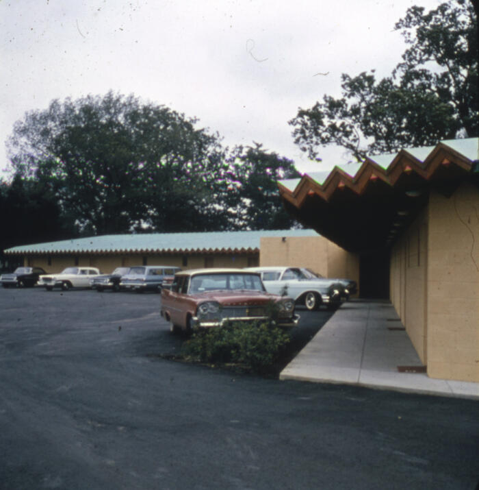 Exterior View of Guest Room Wings and Parking Lot, Snow Flake Motel for Mr. and Mrs. Sarkasian