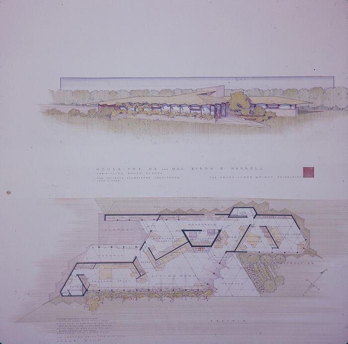 Presentation Drawing: Perspective View and Floor Plan, House for Byron E. Harrell 