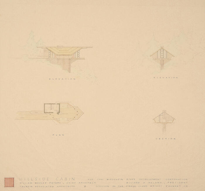 Drawing: Elevations, Section, and Plan for Hillside Cabin, Wintergreen Ski Lodge for Wisconsin River Development Corporation