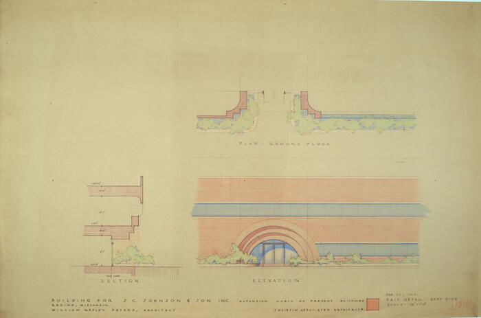 Drawing: Elevation, Section, and Plan of Entrance, Office Addition for S. C. Johnson and Son, Inc.